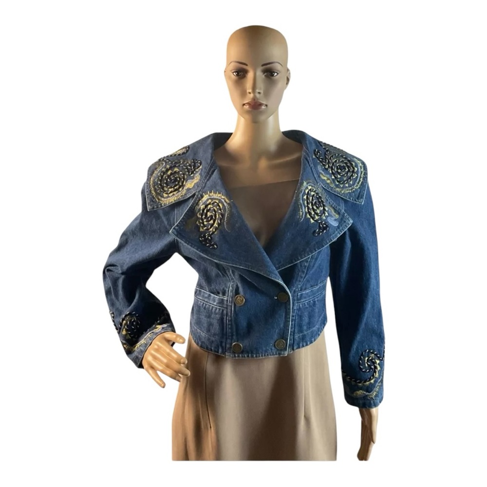 Lacocca Vintage 80s Embroidered Denim Shoulder Padded Womens Jacket 1980s Size M